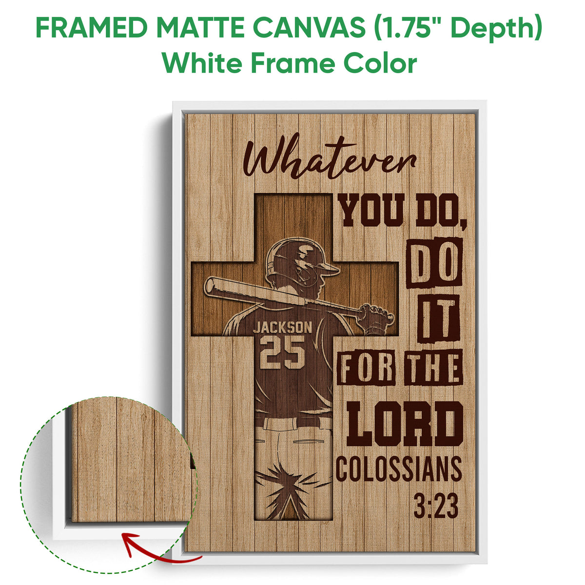 Baseball wall art shown in a white framed canvas with a batter silhouette and warm woodgrain artwork