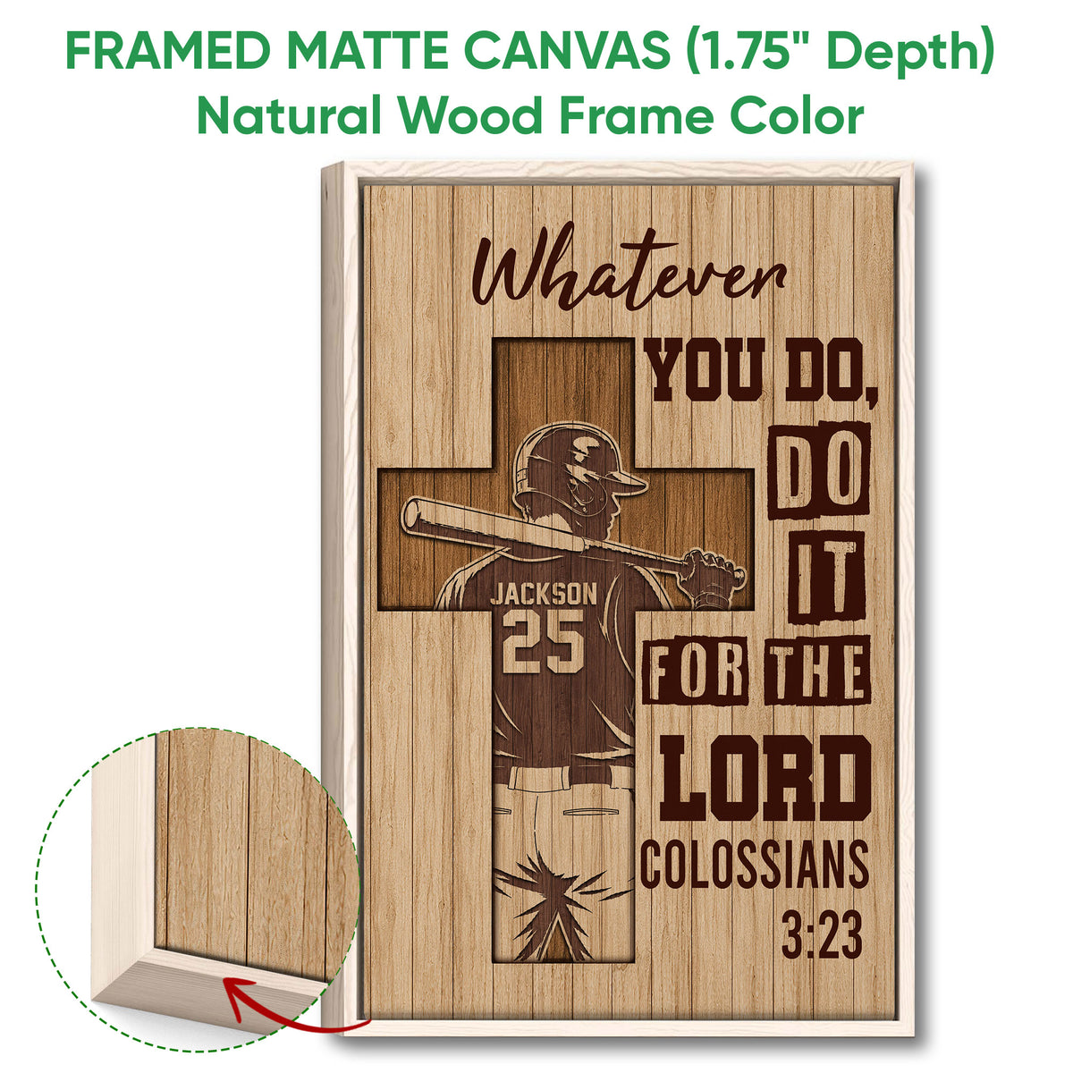 Baseball wall art shown in a natural wood frame with a batter silhouette and rustic woodgrain design