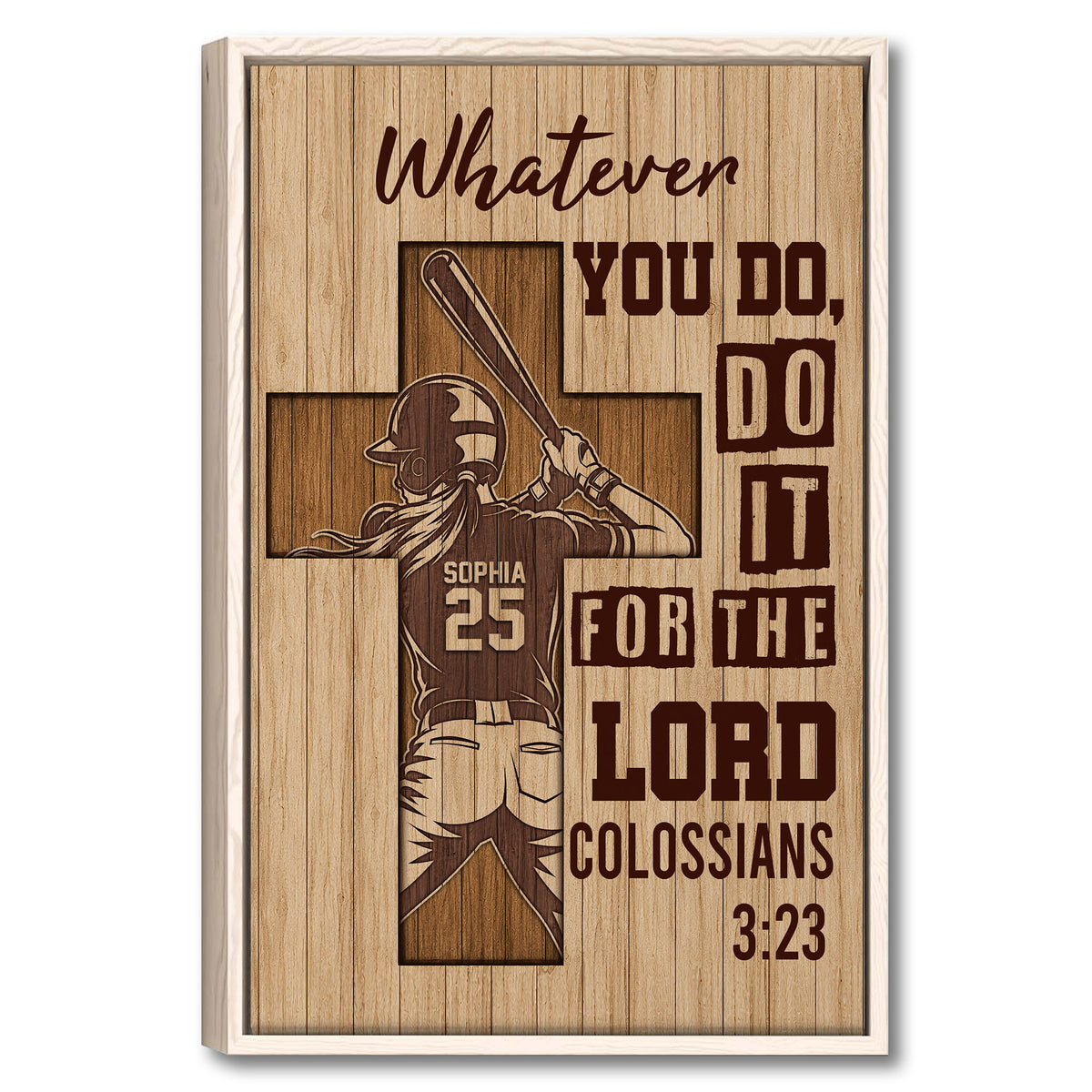 Framed softball wall art featuring a batter, cross-shaped background, wood texture, and inspirational lettering