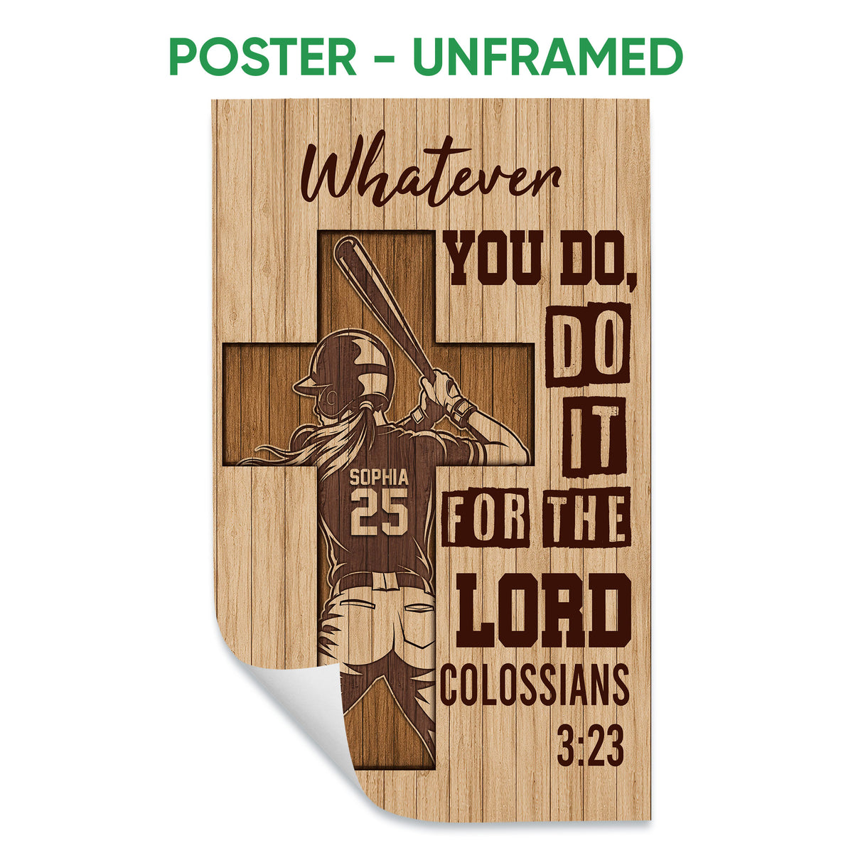 Unframed softball poster print featuring a batter silhouette, wood plank texture, and faith-inspired design