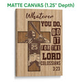 Matte canvas softball wall art showing a batter, cross motif, wood texture, and deep canvas presentation