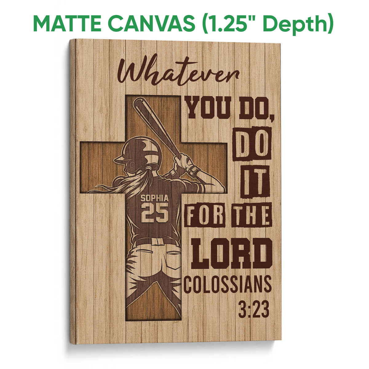 Matte canvas softball wall art showing a batter, cross motif, wood texture, and deep canvas presentation