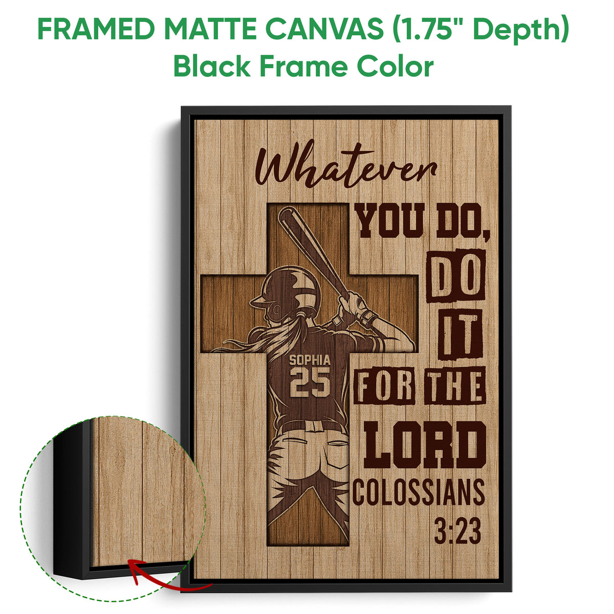 Framed softball canvas wall art with a black frame and close-up view of the layered canvas construction