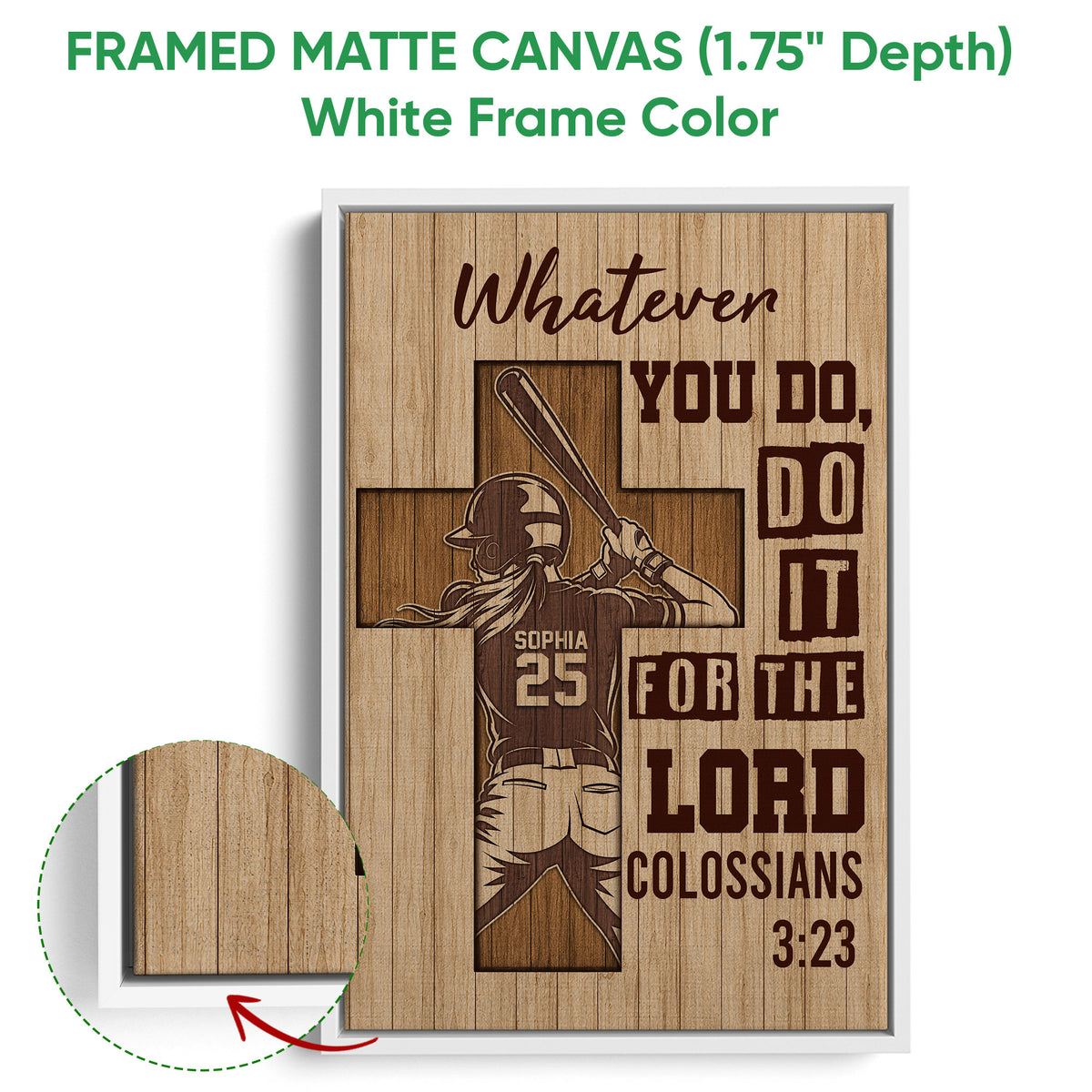 Framed softball canvas wall art with a white frame and close-up view of the framed edge
