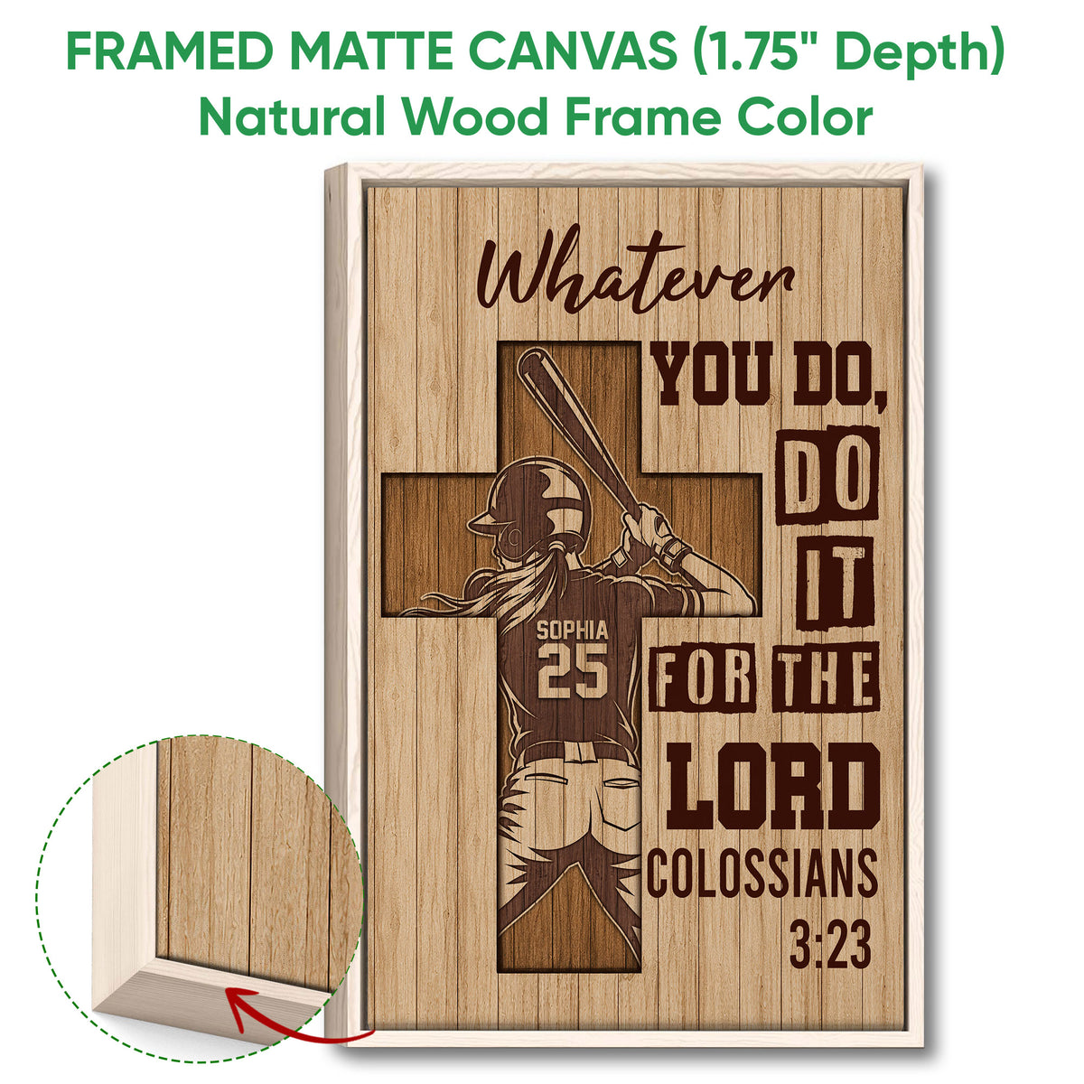 Framed softball canvas wall art with a natural wood frame and close-up view of the frame profile