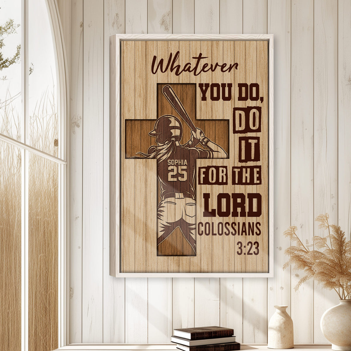 Softball wall art displayed in a bright home interior with white wood walls and natural decor