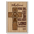 Framed basketball wall art with a player silhouette, cross motif, inspirational lettering, and wood-look design