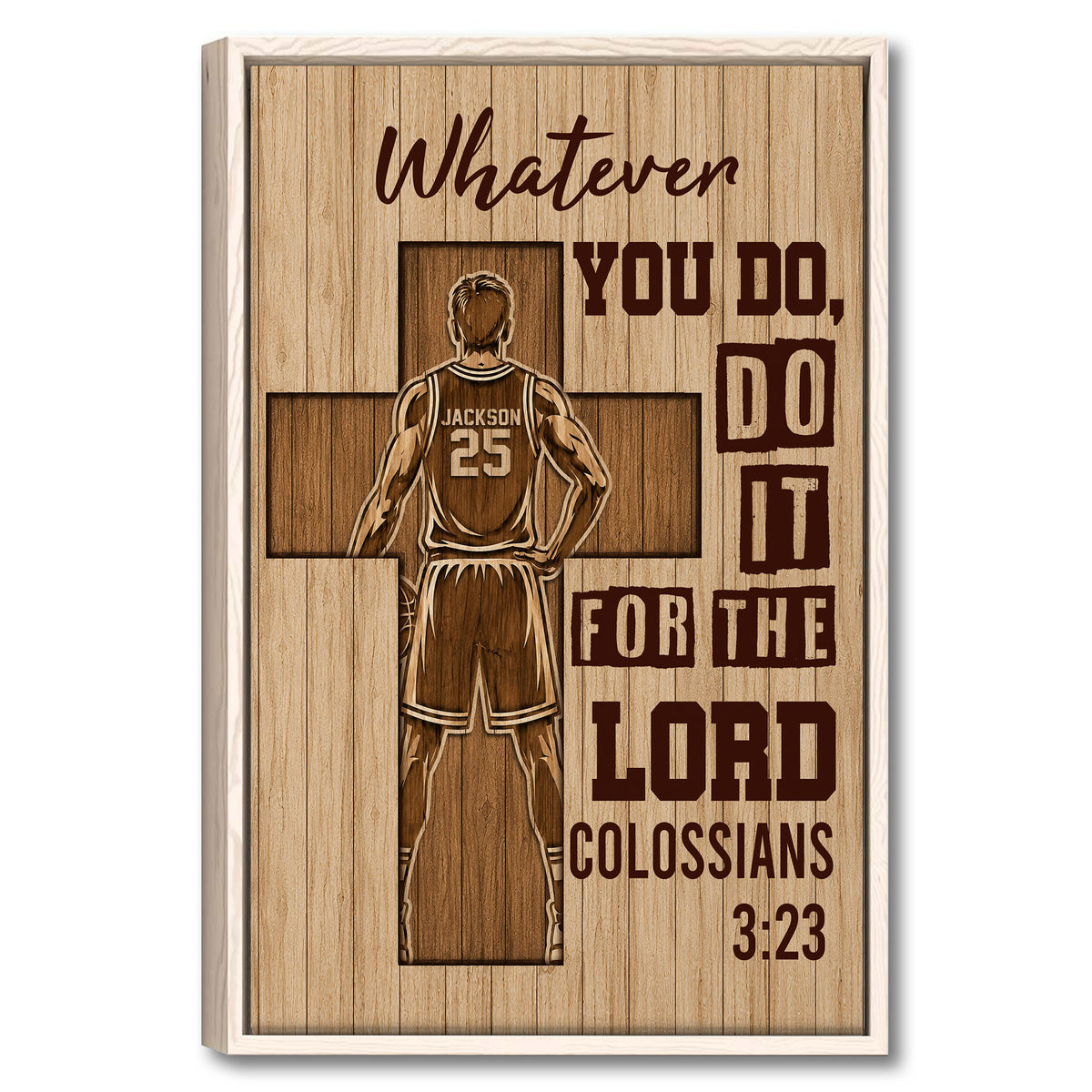 Framed basketball wall art with a player silhouette, cross motif, inspirational lettering, and wood-look design