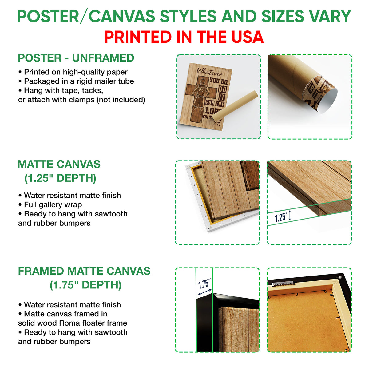 Basketball wall art format guide showing unframed poster, matte canvas, and framed canvas options