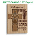 Matte canvas basketball wall art with a player silhouette, cross design, and warm wood-look artwork