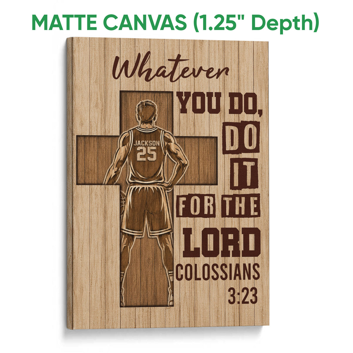 Matte canvas basketball wall art with a player silhouette, cross design, and warm wood-look artwork