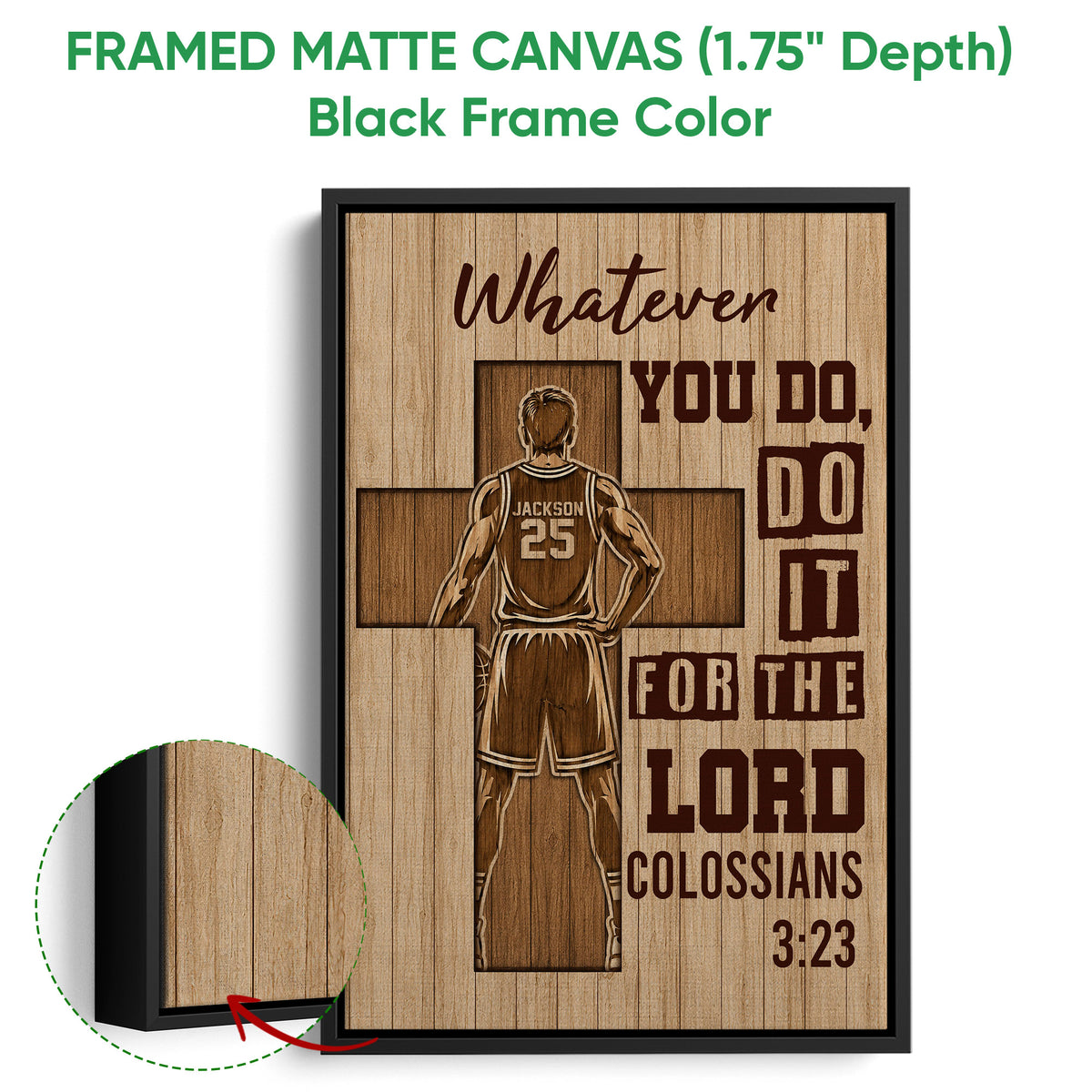 Black framed basketball canvas wall art featuring a player silhouette and inspirational sports design