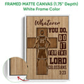 White framed basketball canvas wall art with a player silhouette, cross motif, and wood-look finish