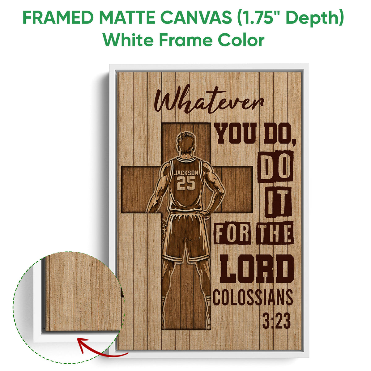 White framed basketball canvas wall art with a player silhouette, cross motif, and wood-look finish