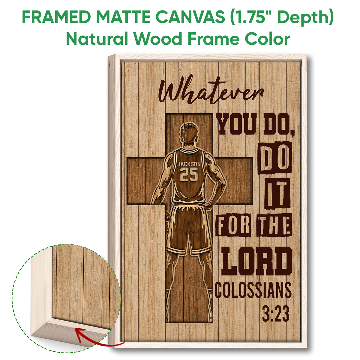 Natural wood framed basketball wall art featuring a player silhouette and inspirational sports lettering