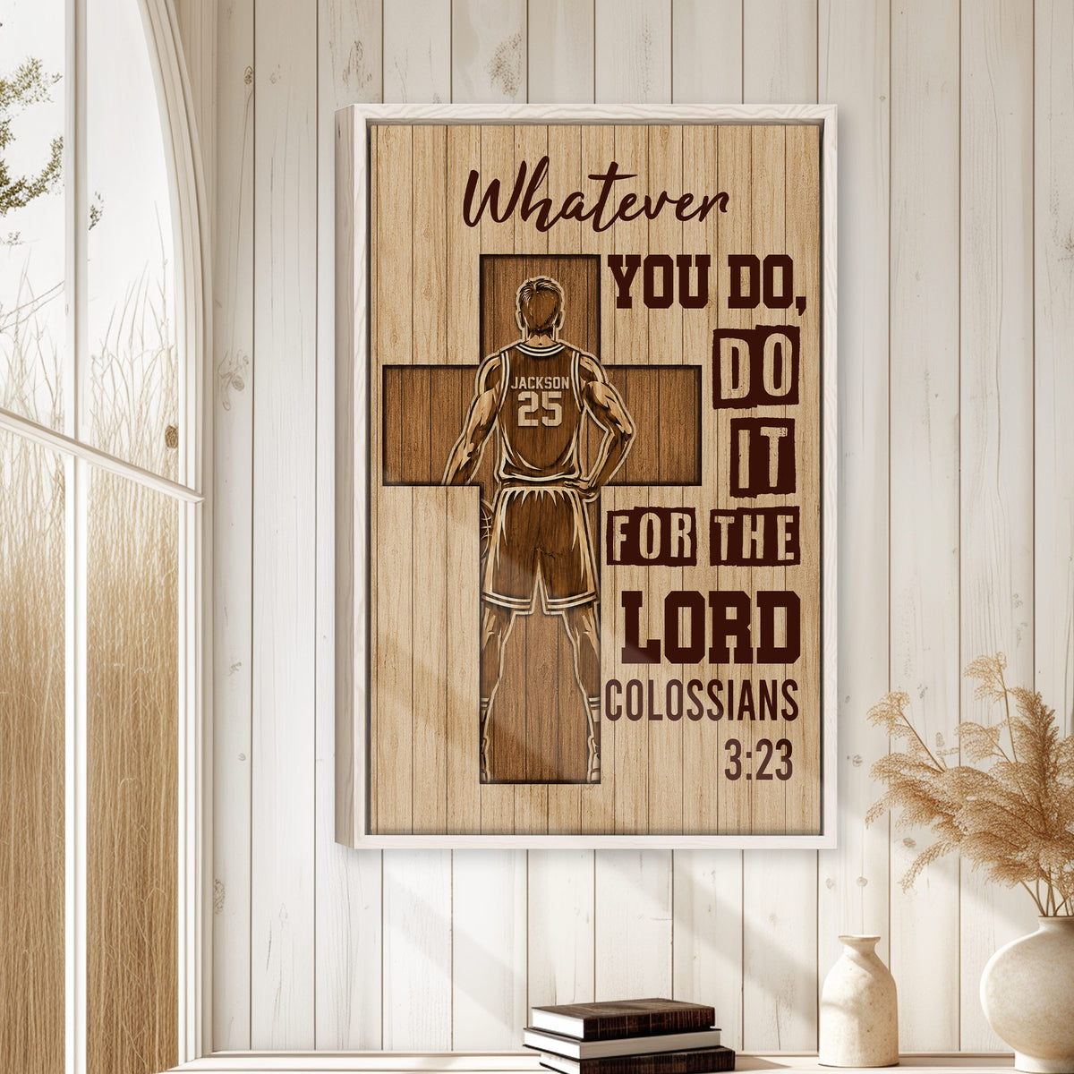 Framed basketball wall art displayed in a bright room with white paneled walls and neutral decor