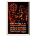 Framed firefighter wall art with a fire service emblem, firefighter gear, flames, and bold orange and black artwork