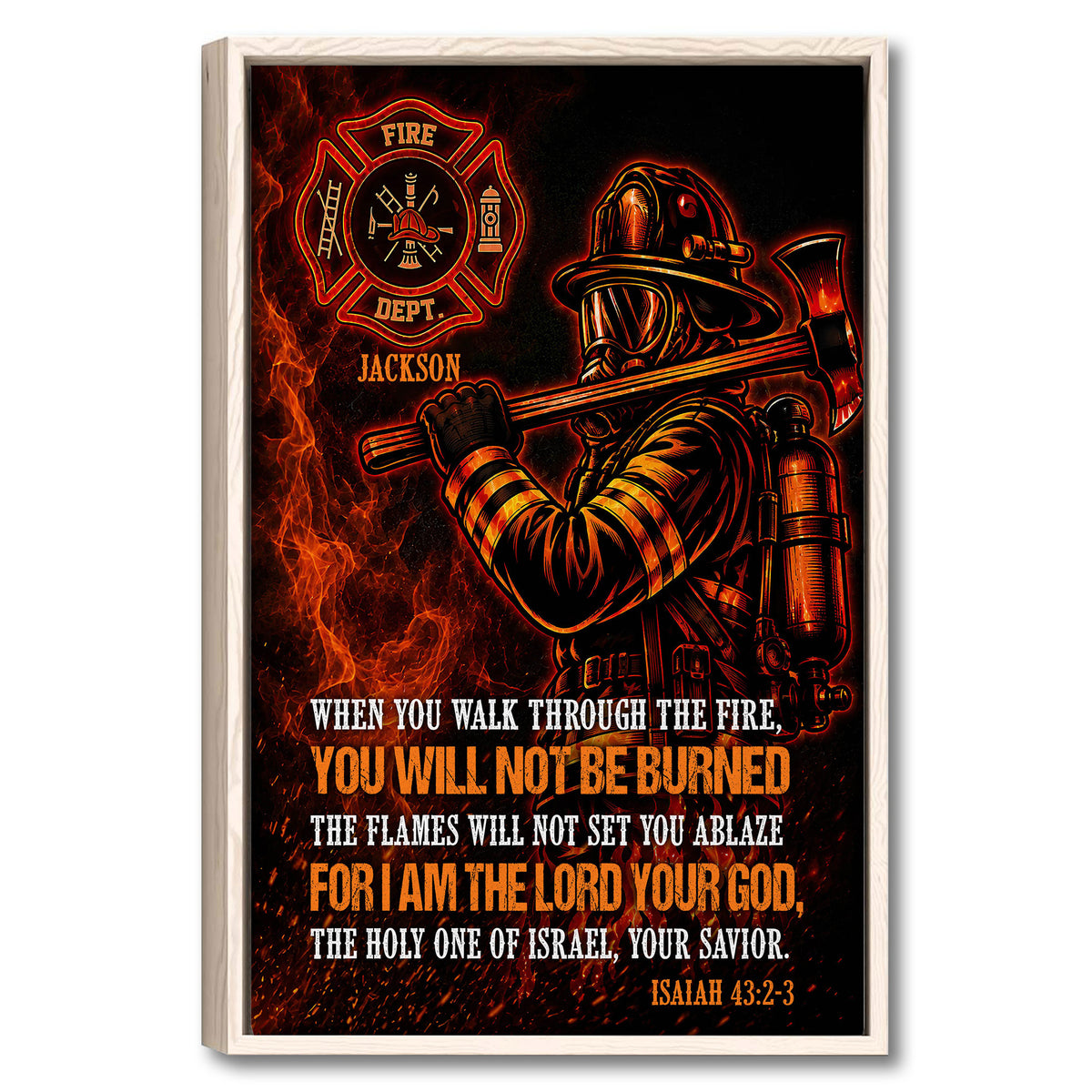 Framed firefighter wall art with a fire service emblem, firefighter gear, flames, and bold orange and black artwork
