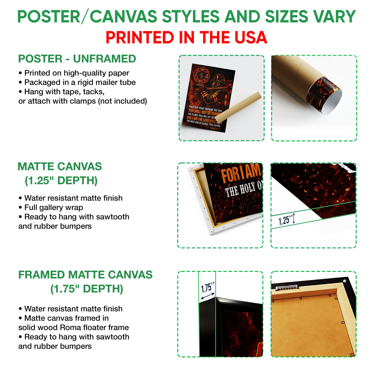 Poster and canvas wall art options guide showing unframed poster, matte canvas, and framed canvas formats