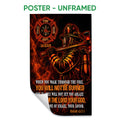 Unframed firefighter poster featuring a helmeted firefighter, fire service emblem, flames, and dramatic scripture artwork