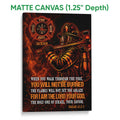 Matte canvas firefighter wall art showing a helmeted firefighter, fire service emblem, flames, and bold orange details