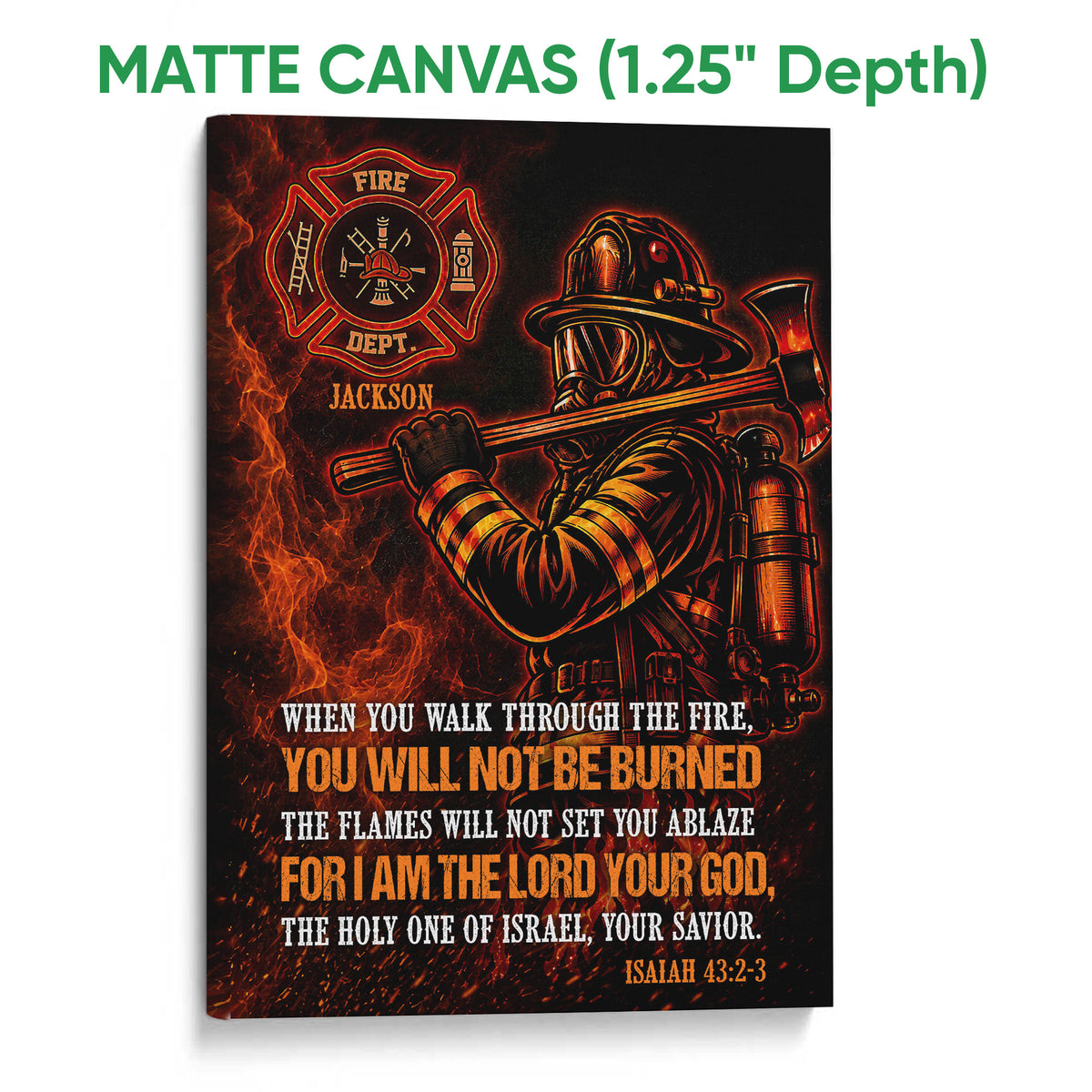 Matte canvas firefighter wall art showing a helmeted firefighter, fire service emblem, flames, and bold orange details