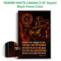 Framed firefighter canvas wall art shown with a black frame and dramatic fire service artwork