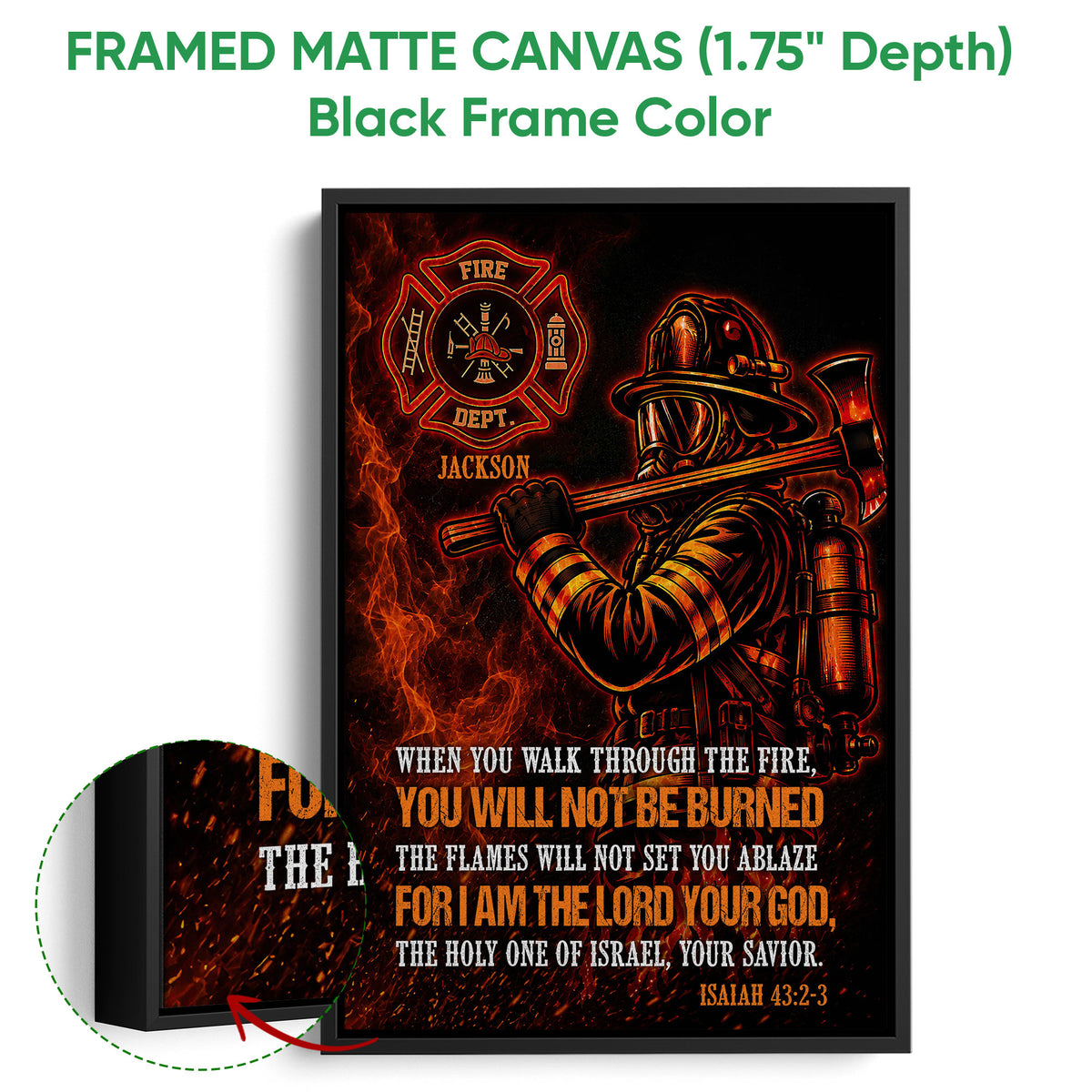 Framed firefighter canvas wall art shown with a black frame and dramatic fire service artwork