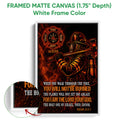 Framed firefighter canvas wall art shown with a white frame and vivid flames against a dark background