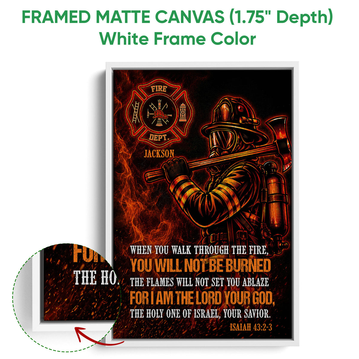 Framed firefighter canvas wall art shown with a white frame and vivid flames against a dark background