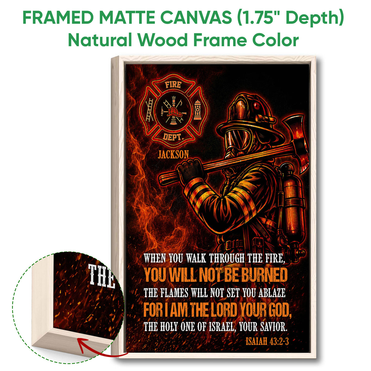 Framed firefighter canvas wall art shown with a natural wood frame and fire service imagery