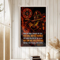 Framed firefighter wall art displayed on a light wood-paneled wall in a warm home interior