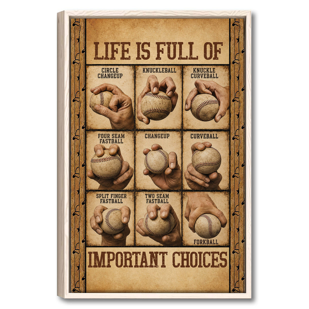 Framed baseball wall art showing illustrated pitching grips and baseball pitch types