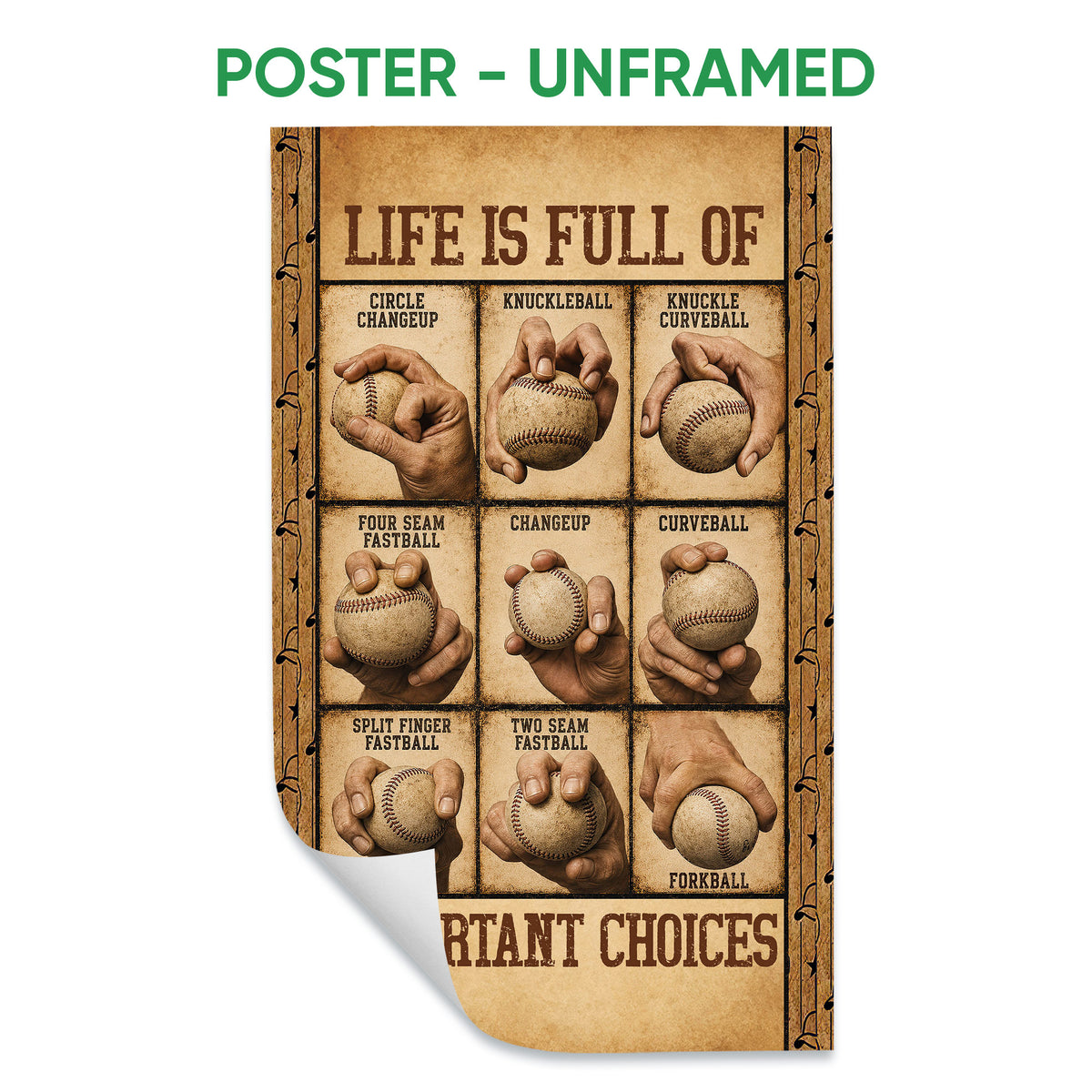 Unframed baseball poster showing illustrated hands demonstrating different pitches