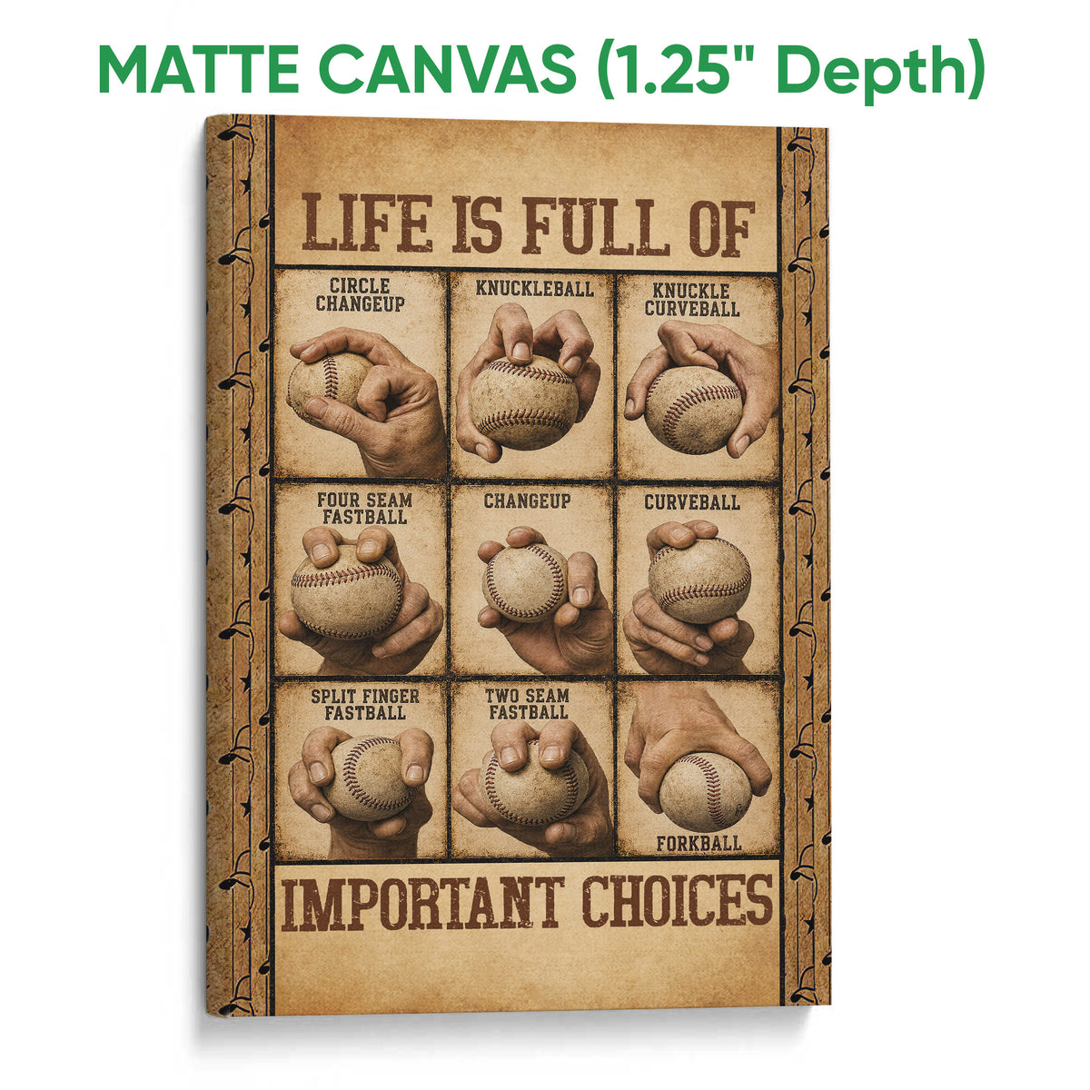 Matte canvas baseball wall art with vintage-style pitching grip illustrations