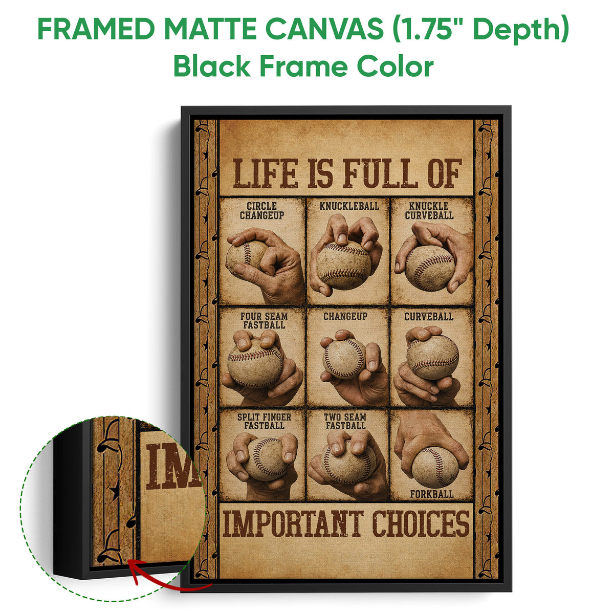 Black framed canvas baseball wall art with detailed pitching grip artwork