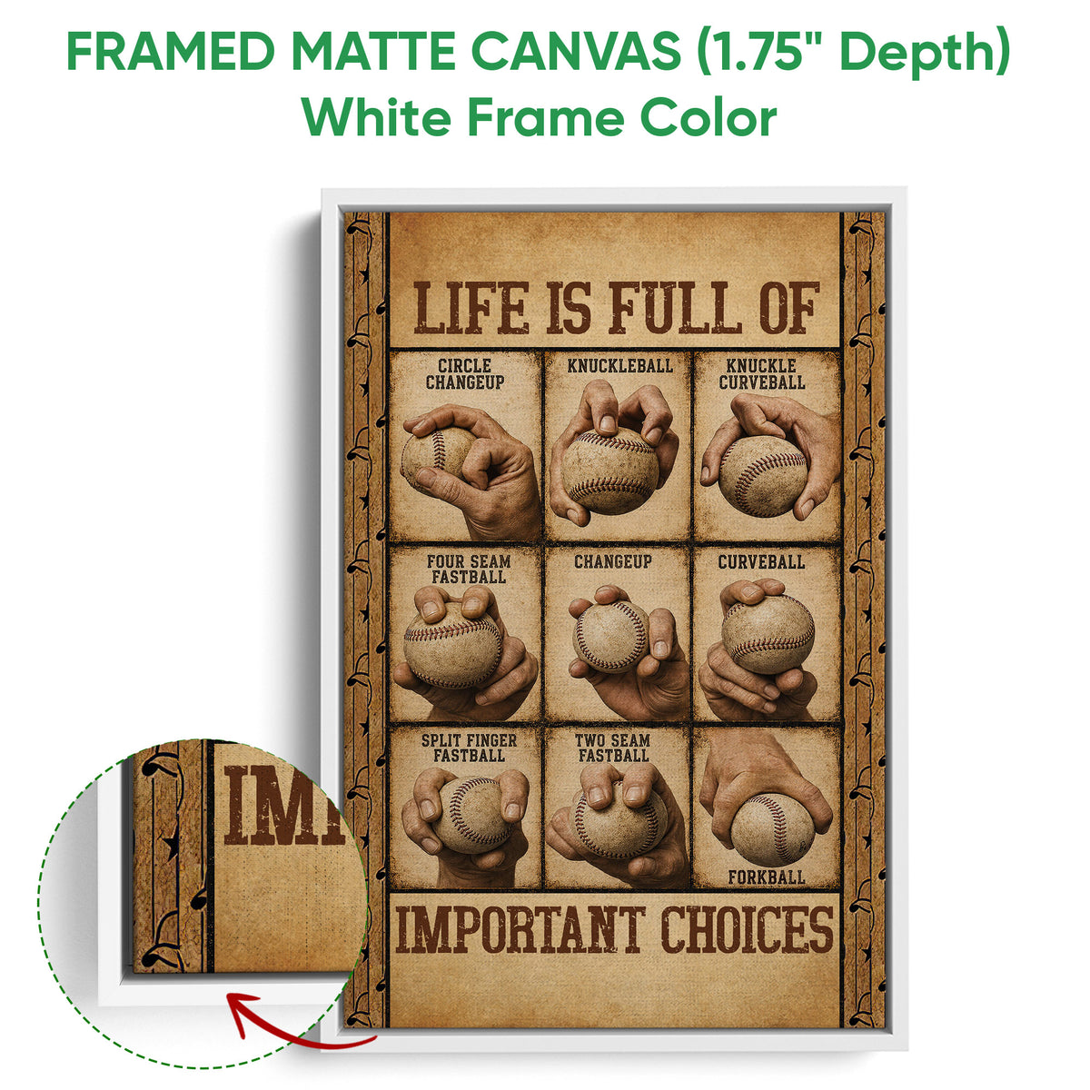 White framed canvas baseball wall art featuring illustrated baseball pitches