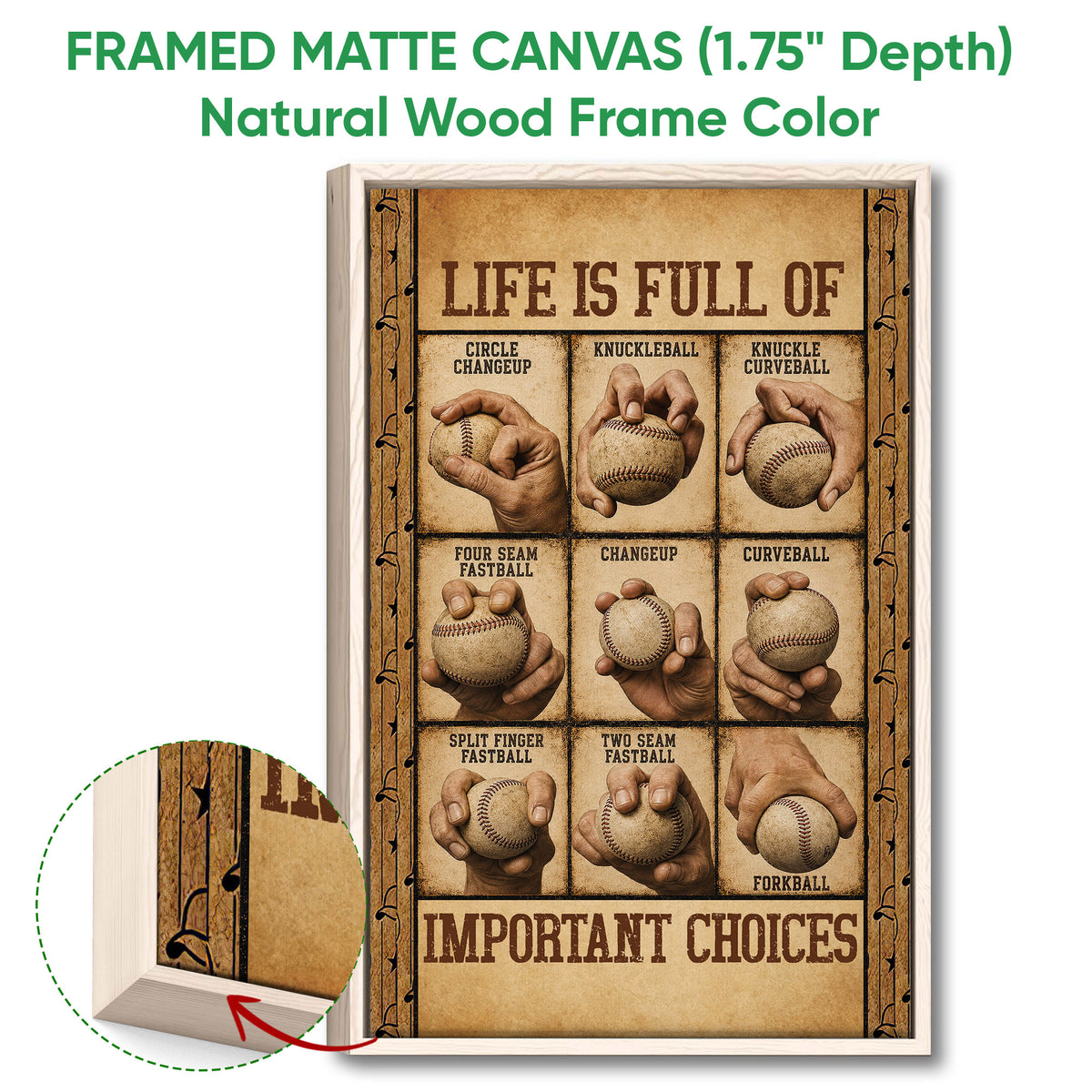 Natural wood framed baseball wall art with vintage pitching illustrations