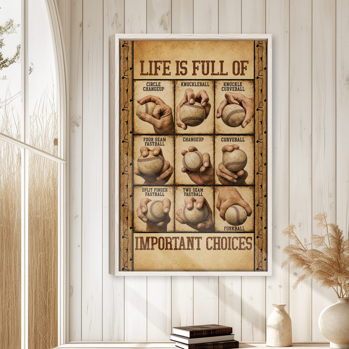 Baseball pitching wall art displayed in a bright room with white wood paneling