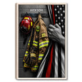 Framed firefighter wall art showing a helmet, turnout gear, radio, gloves, and patriotic flag detail