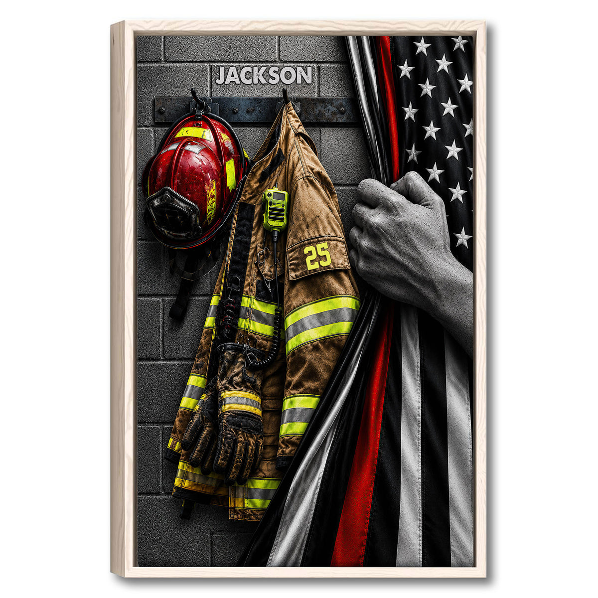 Framed firefighter wall art showing a helmet, turnout gear, radio, gloves, and patriotic flag detail