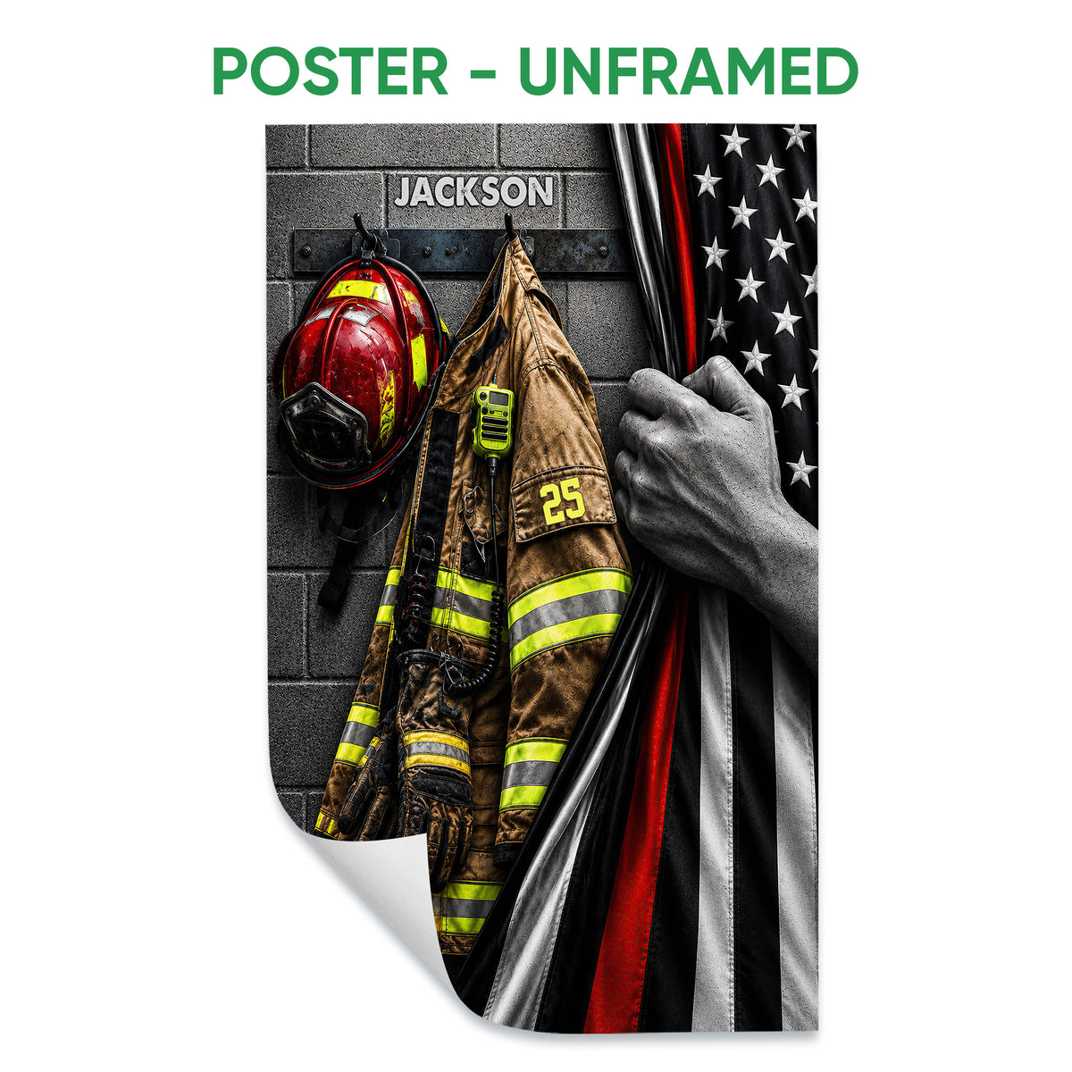 Unframed firefighter poster print featuring protective gear, helmet, gloves, radio, and flag detail