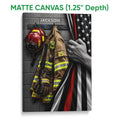 Matte canvas firefighter wall art displaying a helmet, turnout coat, gloves, radio, and reflective stripes
