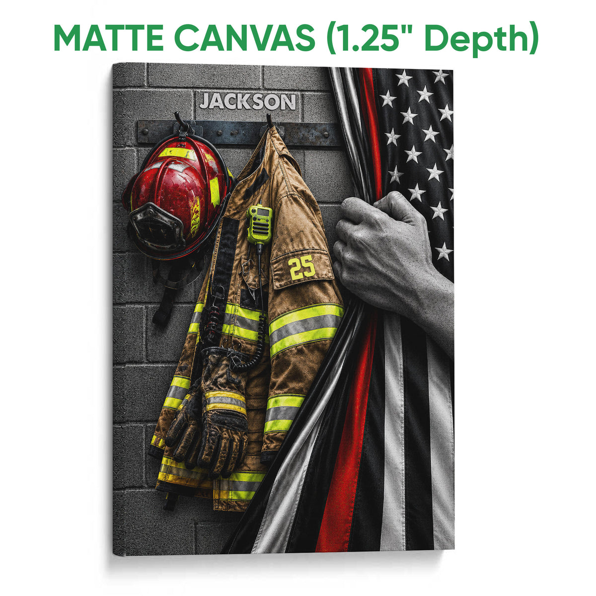 Matte canvas firefighter wall art displaying a helmet, turnout coat, gloves, radio, and reflective stripes