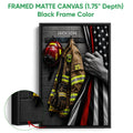 Black framed firefighter canvas wall art with a close-up view of the frame and detailed emergency gear