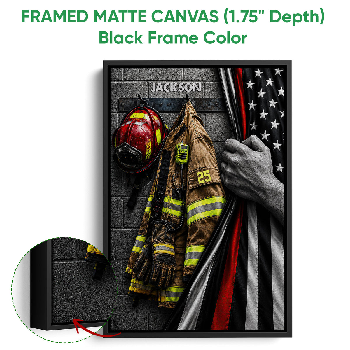 Black framed firefighter canvas wall art with a close-up view of the frame and detailed emergency gear
