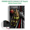 White framed firefighter canvas wall art with a close-up view of the frame and vivid gear artwork