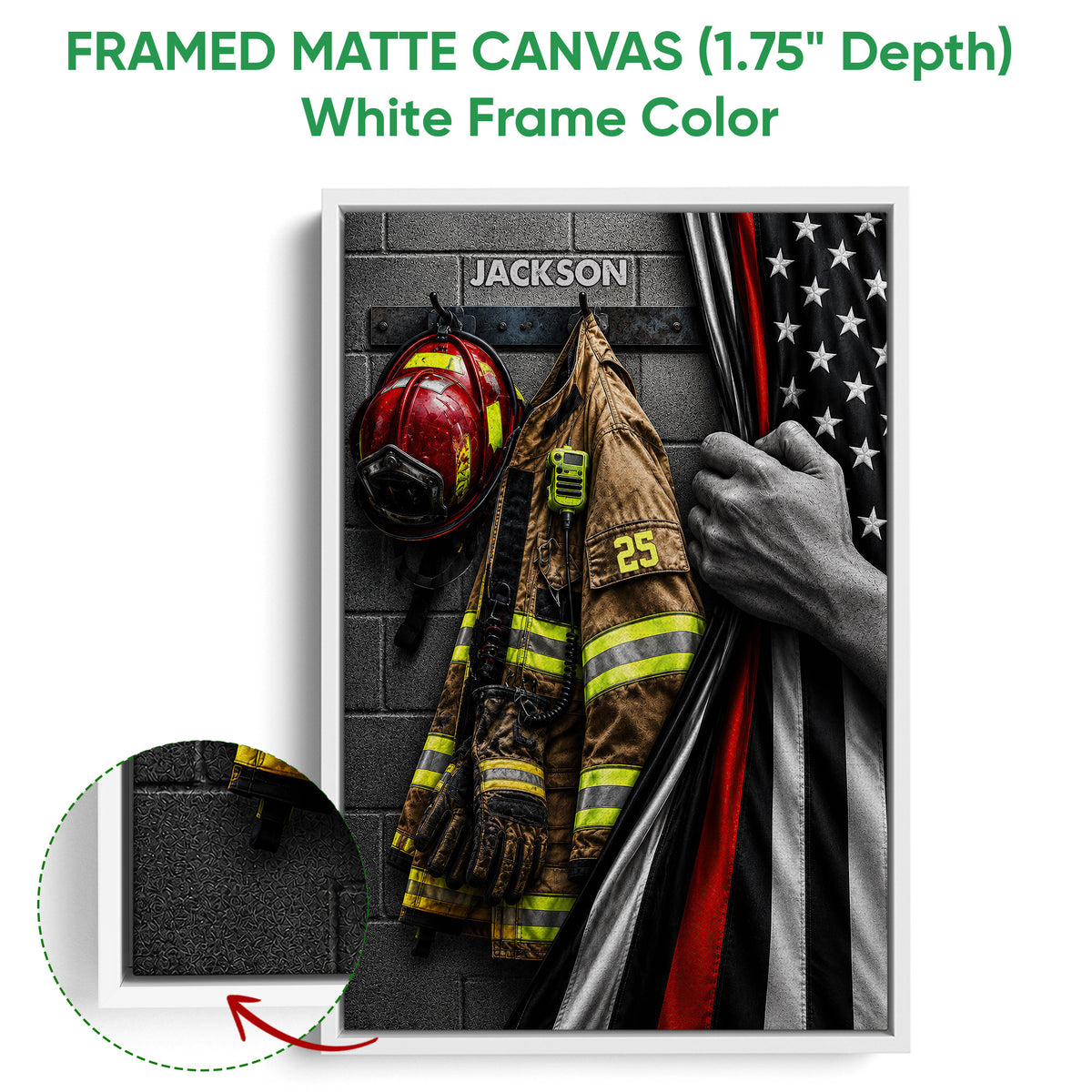 White framed firefighter canvas wall art with a close-up view of the frame and vivid gear artwork