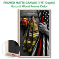 Natural wood framed firefighter wall art showing turnout gear, helmet, gloves, radio, and flag detail