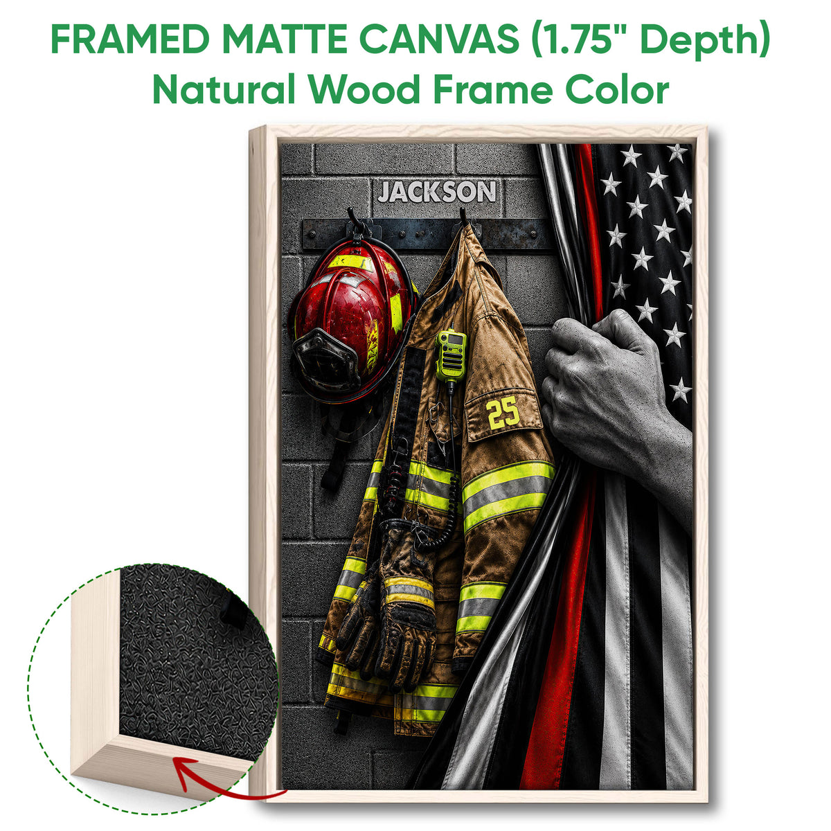 Natural wood framed firefighter wall art showing turnout gear, helmet, gloves, radio, and flag detail